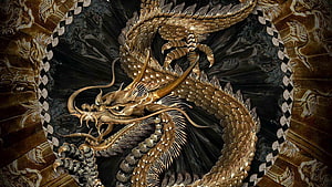 Intricate Golden Japanese Dragon Illustration with Ornate Traditional Patterns HD wallpaper