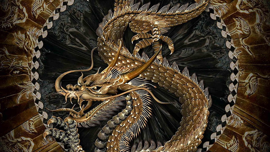 Intricate Golden Japanese Dragon Illustration with Ornate Traditional Patterns HD wallpaper