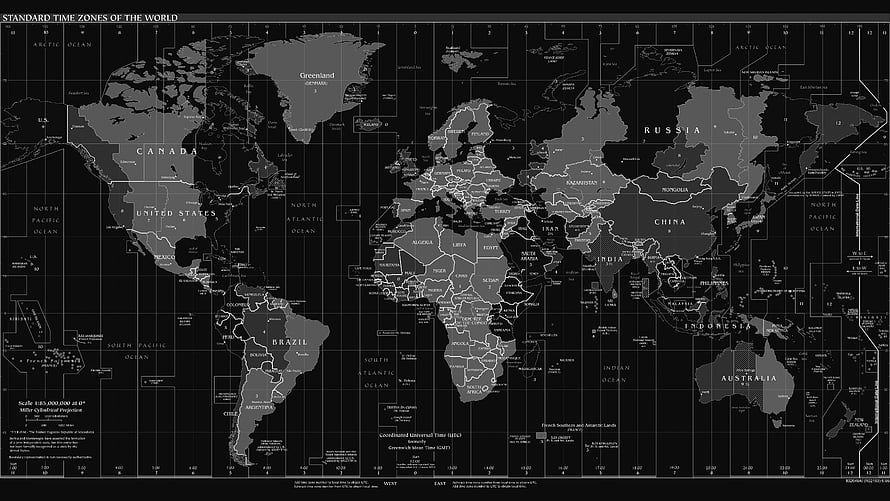 World Standard Time Zones Map with Country Borders and Ocean Labels HD wallpaper