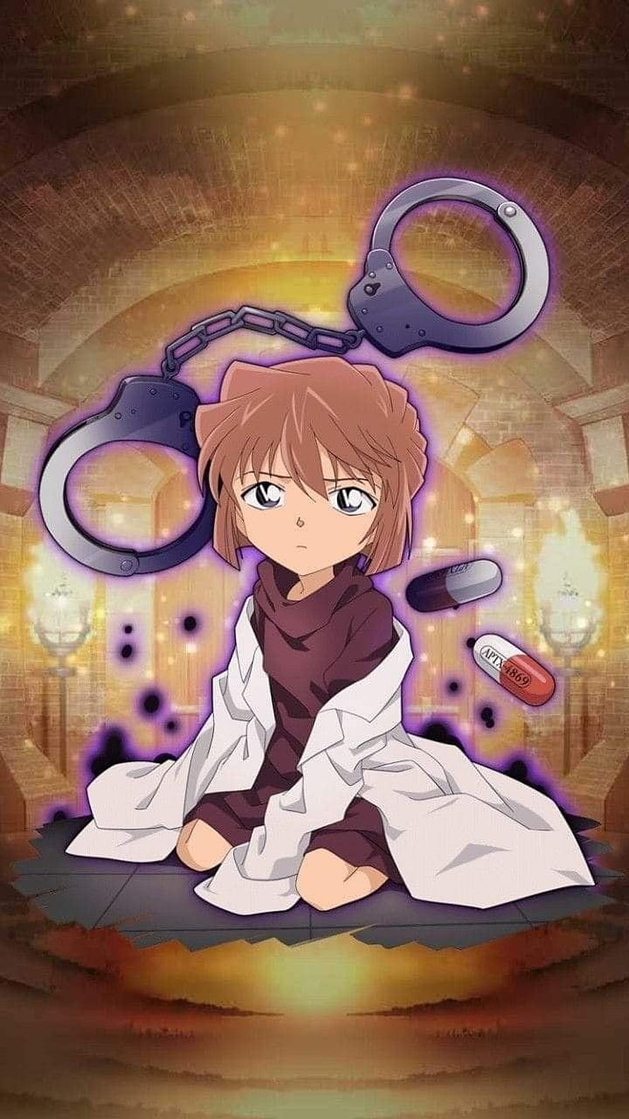 Ai Haibara from Detective Conan in a dramatic scene with handcuffs and APTX 4869 pills HD phone wallpaper