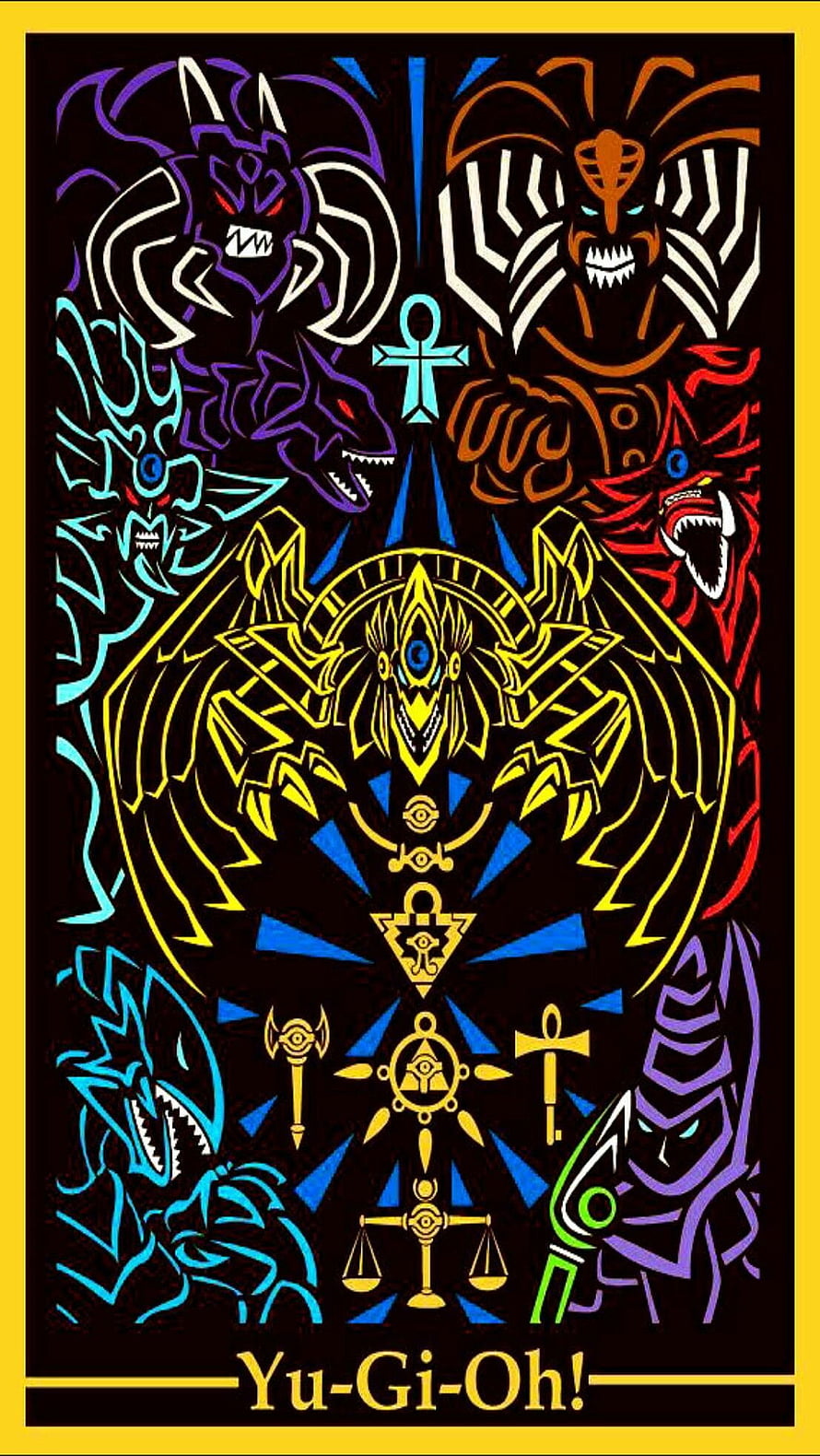 Yu-Gi-Oh! Egyptian God Cards and Dark Monsters Neon Line Art Poster HD phone wallpaper