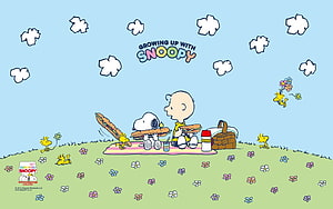 Snoopy and Charlie Brown Enjoying a Picnic with Woodstock in the Peanuts Comic Strip HD wallpaper