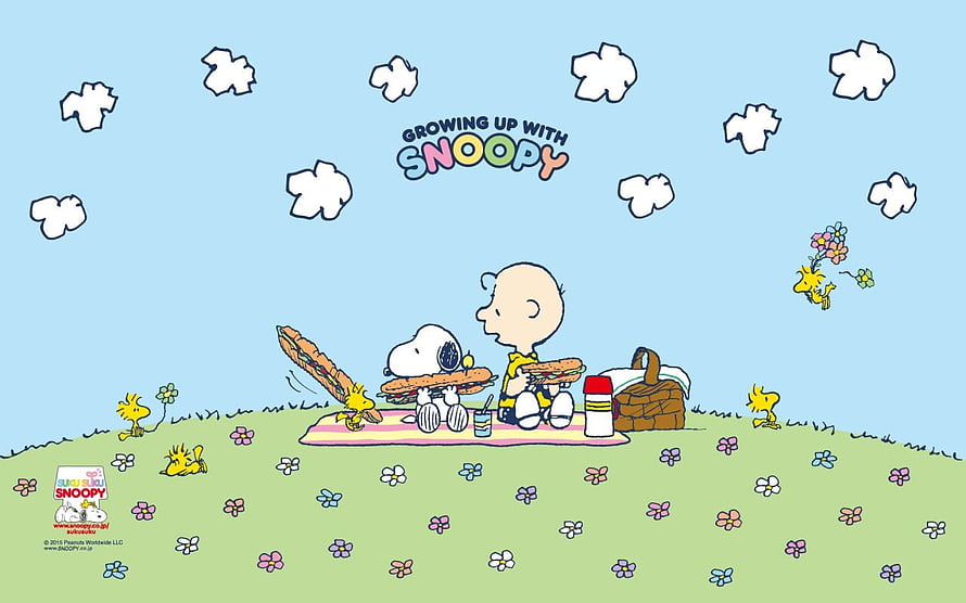 Snoopy and Charlie Brown Enjoying a Picnic with Woodstock in the Peanuts Comic Strip HD wallpaper