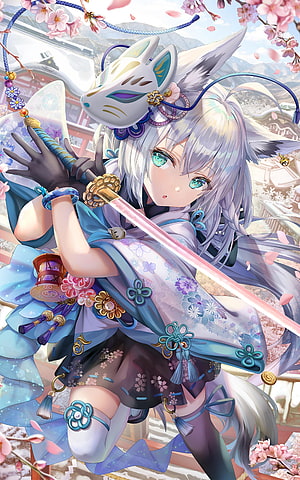 Shirakami Fubuki in Traditional Kimono Holding Katana Under Cherry Blossoms HD phone wallpaper
