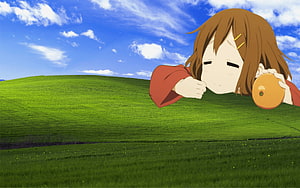 Yui Hirasawa from K-ON! Resting on a Lush Green Hillside Under a Blue Sky HD wallpaper