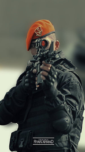 TNI Kopassus Special Forces Soldier Aiming Tactical Rifle in Black Gear HD phone wallpaper