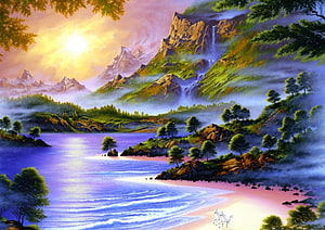 Dreamy Fantasy Landscape Painting With Waterfall, Mountains, and White Horses on a Beach HD wallpaper