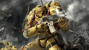 Imperial Fists Space Marine in Combat, Warhammer 40K Power Armor and Assault Rifle HD wallpaper