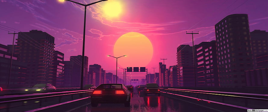 Retro City Highway at Sunset with Neon Pink Sky and Classic Cars HD wallpaper