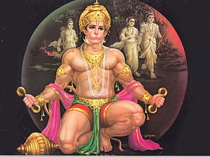Hanuman Devotional Painting with Conch Shell and Mace in Traditional Indian Art Style HD wallpaper