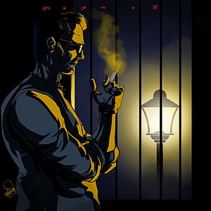 Byomkesh smoking a cigarette in a moody noir illustration with a glowing street lamp at night HD phone wallpaper