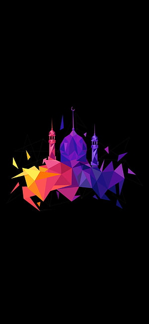 Low Poly Geometric Mosque with Crescent Moon on Black Background HD phone wallpaper