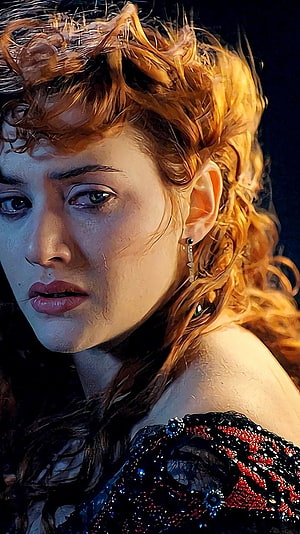 Kate Winslet as Rose in Titanic, dramatic close-up portrait with wet auburn hair and ornate dark gown HD phone wallpaper