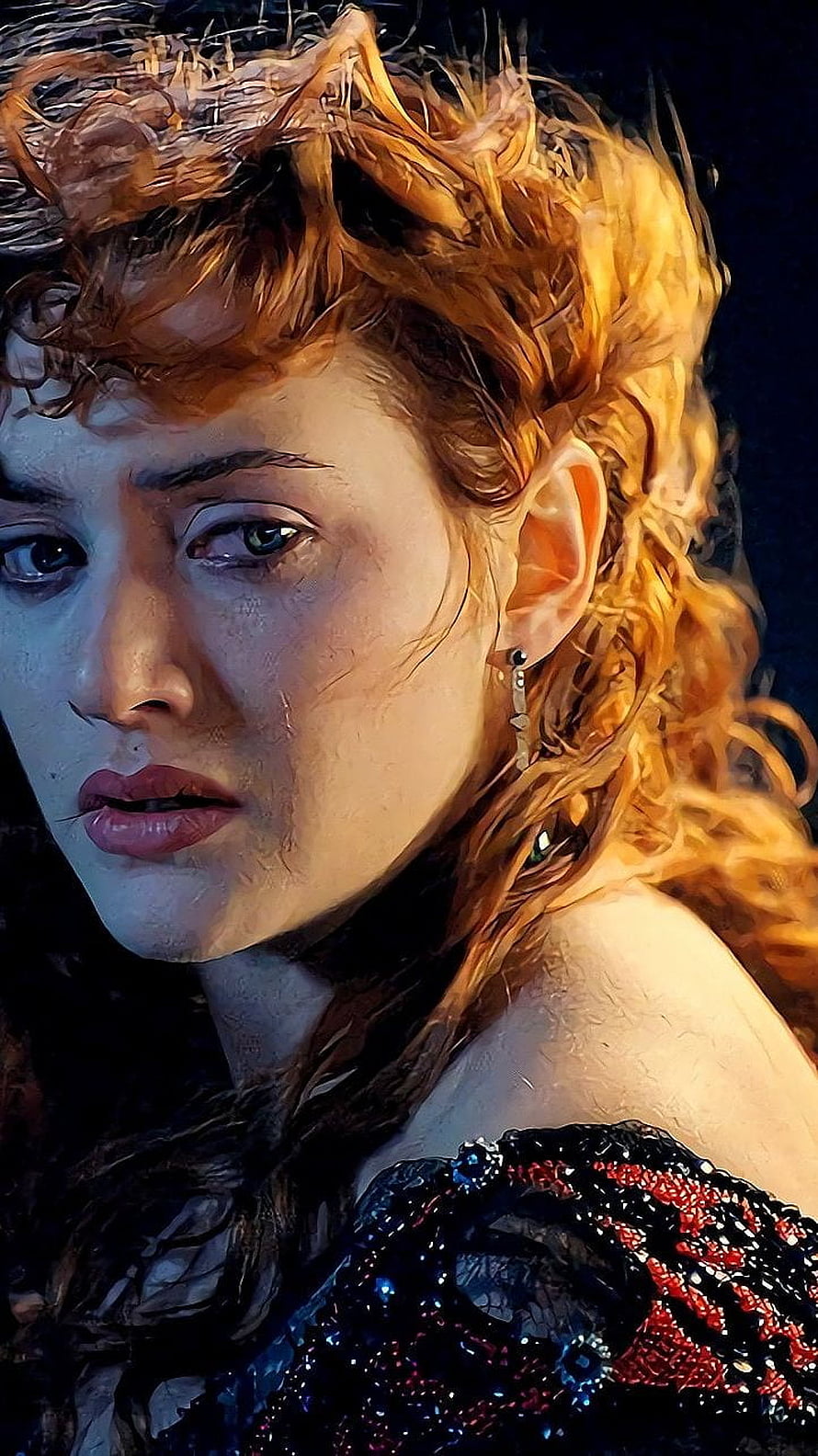 Kate Winslet as Rose in Titanic, dramatic close-up portrait with wet auburn hair and ornate dark gown HD phone wallpaper