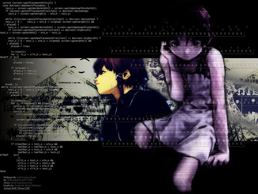 Serial Experiments Lain Anime Wallpaper with Glitch Art and Code Overlay HD wallpaper