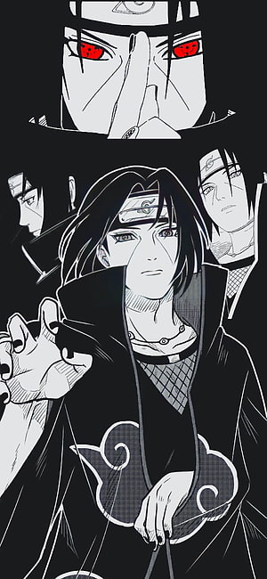Itachi Uchiha in Akatsuki Cloak with Sharingan Eyes and Konoha Headband HD phone wallpaper