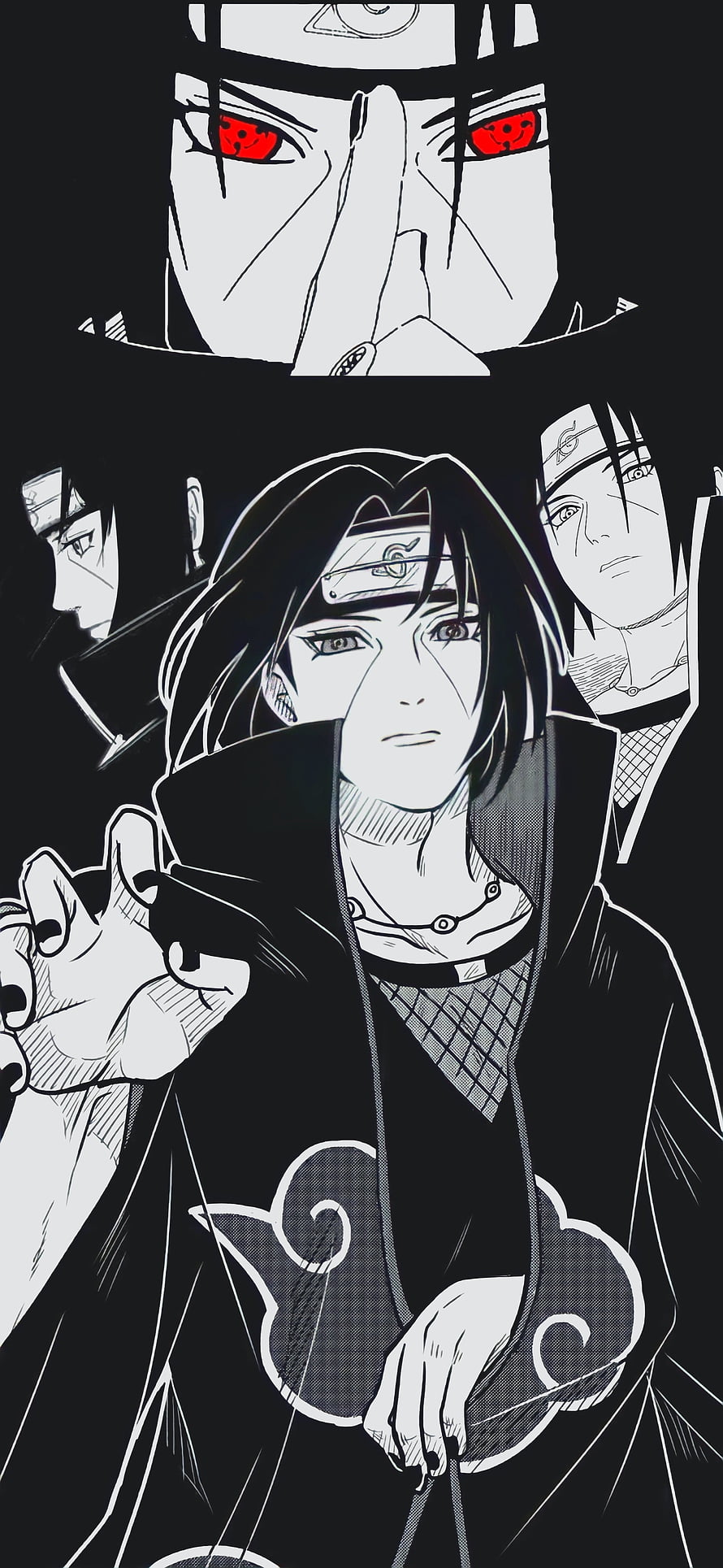 Itachi Uchiha in Akatsuki Cloak with Sharingan Eyes and Konoha Headband HD phone wallpaper