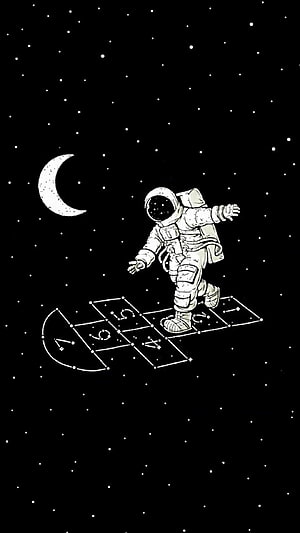 Monochrome Astronaut Playing Hopscotch in Starry Space with Crescent Moon HD phone wallpaper
