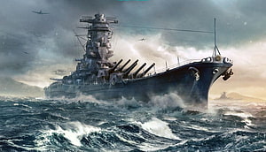 IJN Yamato Battleship Cutting Through Rough Seas in Dramatic Digital Art HD wallpaper