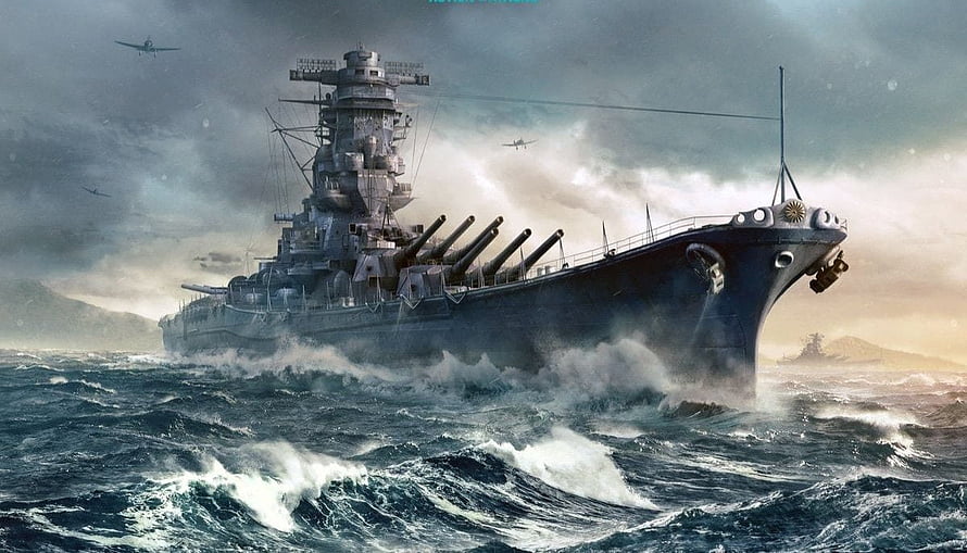 IJN Yamato Battleship Cutting Through Rough Seas in Dramatic Digital Art HD wallpaper