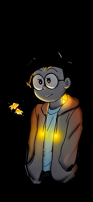 Nobita Nobi from Doraemon in a Hoodie with Glowing Goldfish on a Black Background HD phone wallpaper