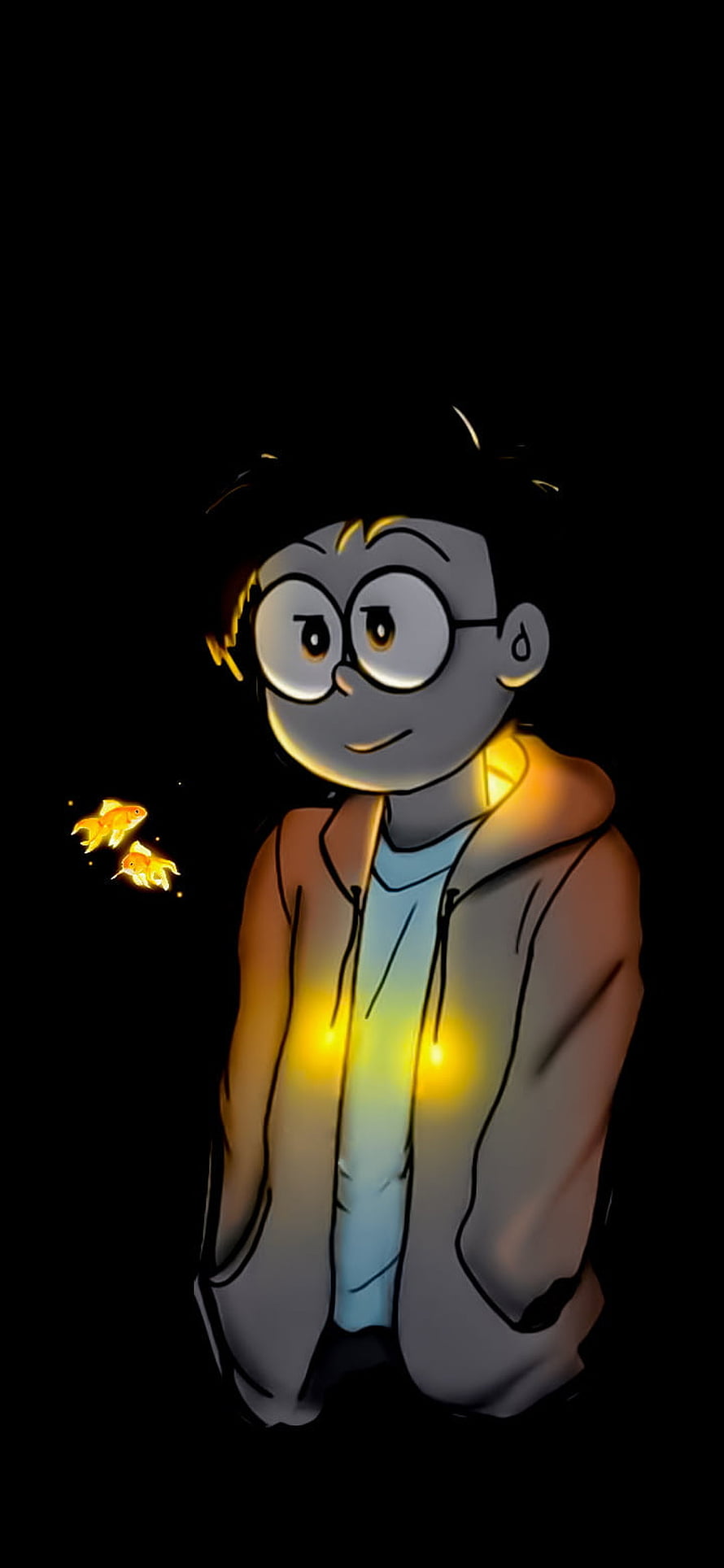 Nobita Nobi from Doraemon in a Hoodie with Glowing Goldfish on a Black Background HD phone wallpaper
