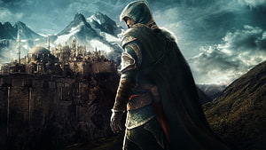 Assassin's Creed Rogue Artwork Featuring Hooded Assassin and Mountain Fortress HD wallpaper