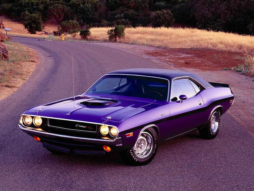 Purple 1970 Dodge Challenger Hemi Muscle Car on a Winding Country Road HD wallpaper