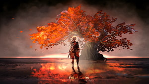 Kaedehara Kazuha Standing Before a Glowing Autumn Maple Tree in Genshin Impact HD wallpaper