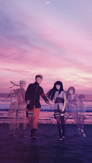 Naruto and Hinata Walking on the Beach at Sunset with Team 7 Ghosts HD phone wallpaper