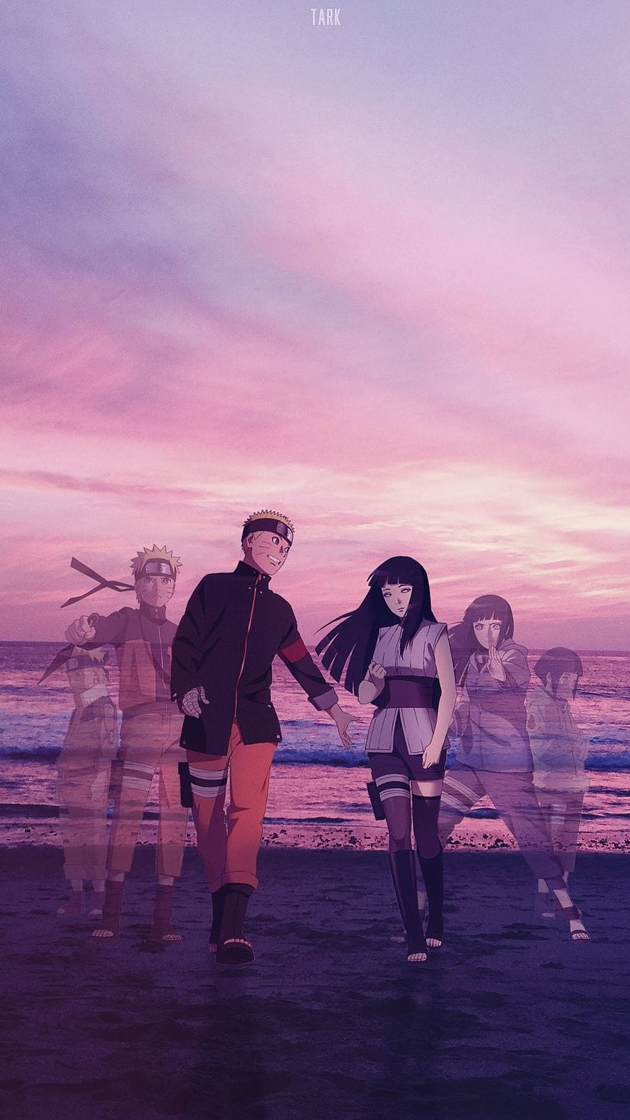 Naruto and Hinata Walking on the Beach at Sunset with Team 7 Ghosts HD phone wallpaper