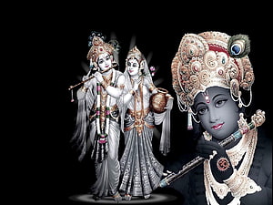 Radha and Krishna Divine Portrait with Flute and Pot on Black Background HD wallpaper