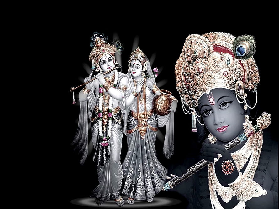 Radha and Krishna Divine Portrait with Flute and Pot on Black Background HD wallpaper
