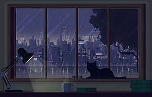 Pixel Art Night City View From Window With Cat Silhouette And Desk Lamp HD wallpaper