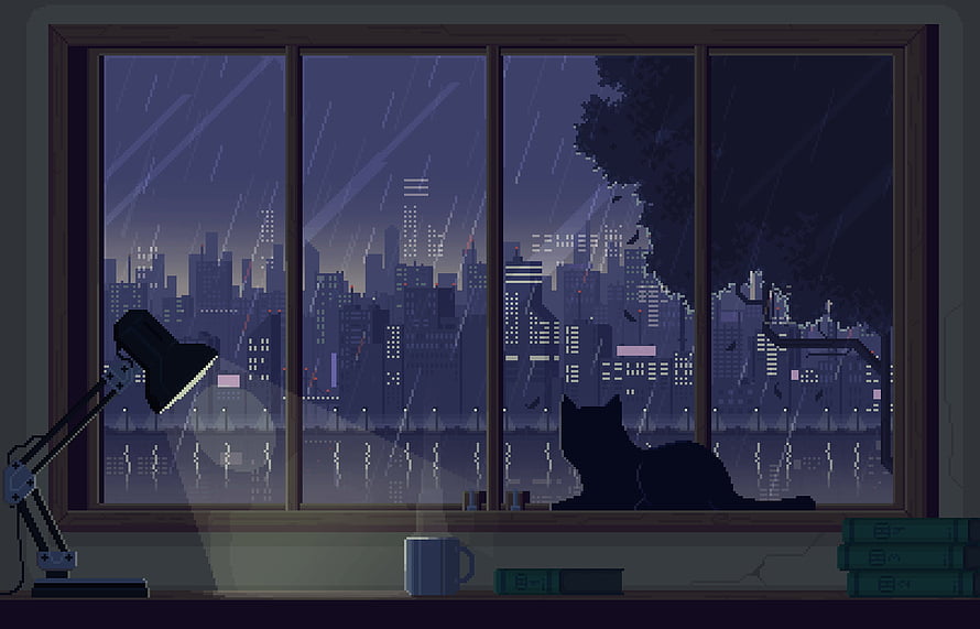 Pixel Art Night City View From Window With Cat Silhouette And Desk Lamp HD wallpaper