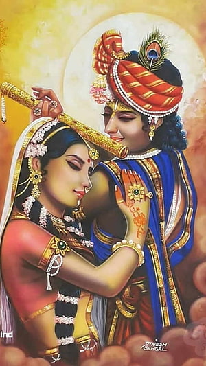 Radha Krishna Devotional Portrait with Flute and Peacock Feather Crown HD phone wallpaper