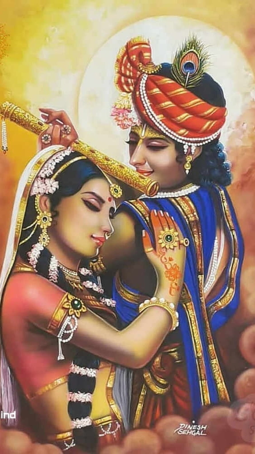 Radha Krishna Devotional Portrait with Flute and Peacock Feather Crown HD phone wallpaper