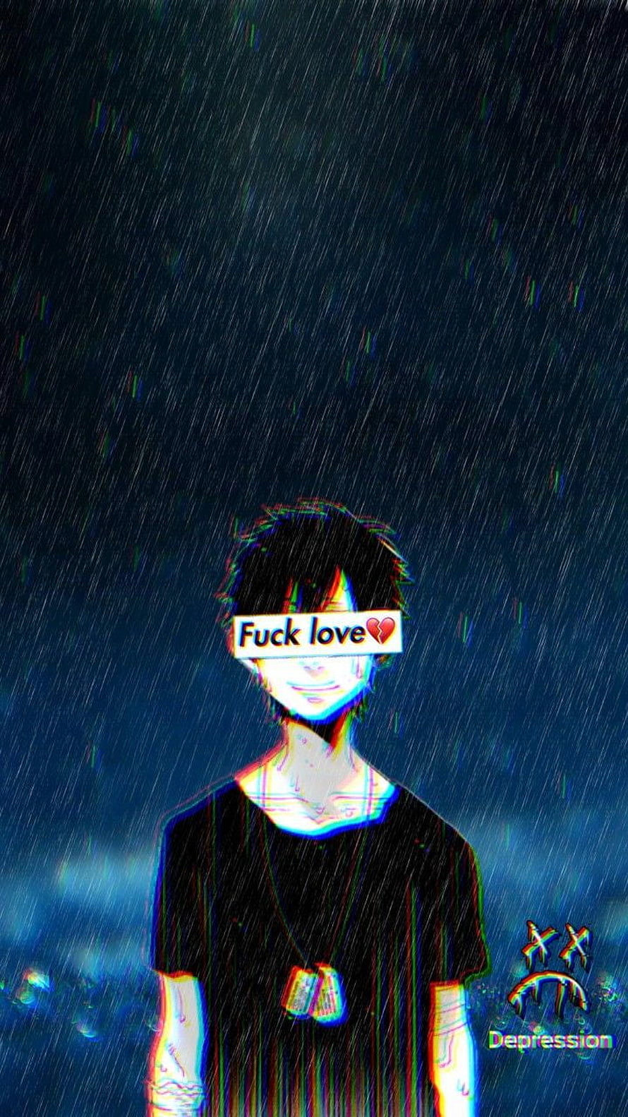 Gloomy Anime Boy in Rain with Glitch Art and Depressed Aesthetic HD phone wallpaper