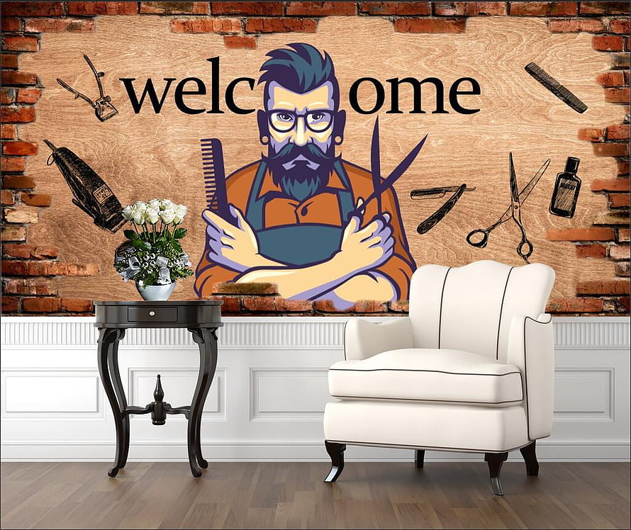 Industrial Barber Shop Wall Mural Featuring Bearded Stylist Illustration and Salon Tools HD wallpaper