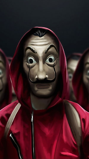 Money Heist Protagonist in Red Hoodie and Salvador Dali Mask HD phone wallpaper