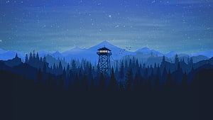 Illuminated Fire Tower in Snowy Pine Forest at Night with Distant Mountains HD wallpaper