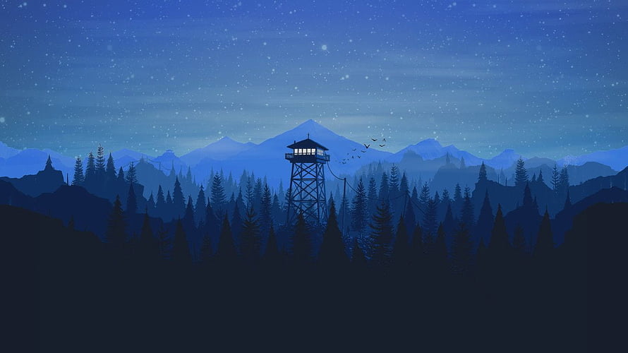 Illuminated Fire Tower in Snowy Pine Forest at Night with Distant Mountains HD wallpaper