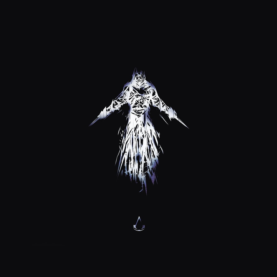 Assassin's Creed Dark Fly Parallax Artwork with Glowing White Figure on Black Background HD phone wallpaper