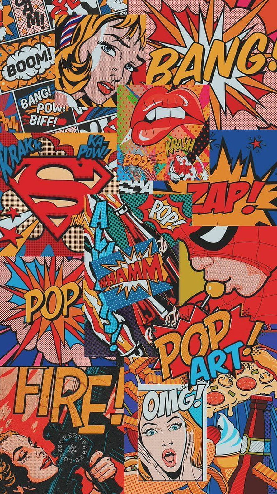 Vibrant Pop Art Comic Book Collage with Superman and Spider-Man Icons HD phone wallpaper