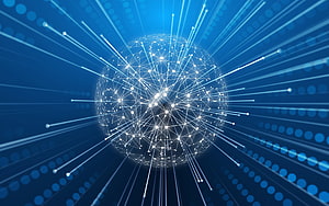 Glowing Digital Network Sphere with Radiating Data Streams on Blue Background HD wallpaper