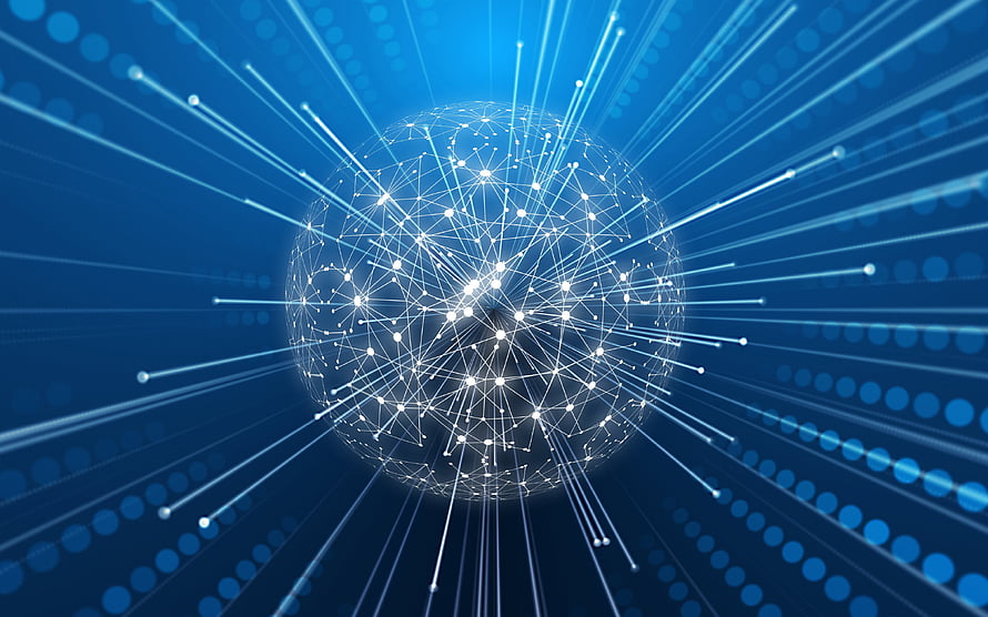 Glowing Digital Network Sphere with Radiating Data Streams on Blue Background HD wallpaper