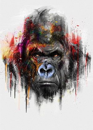 Emiliano Morciano Abstract Gorilla Portrait with Vibrant Paint Splatter and Ink Drips HD phone wallpaper