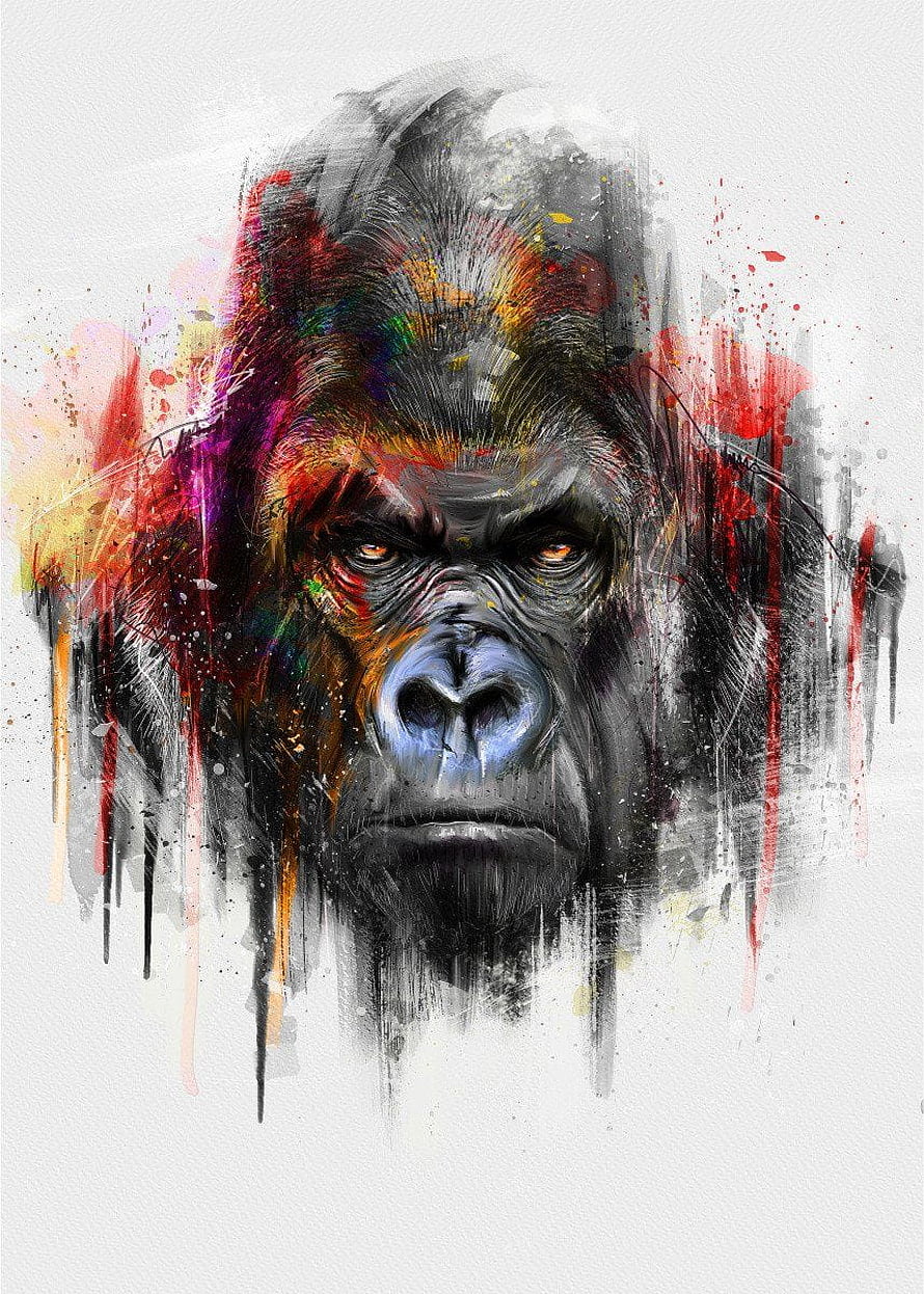 Emiliano Morciano Abstract Gorilla Portrait with Vibrant Paint Splatter and Ink Drips HD phone wallpaper