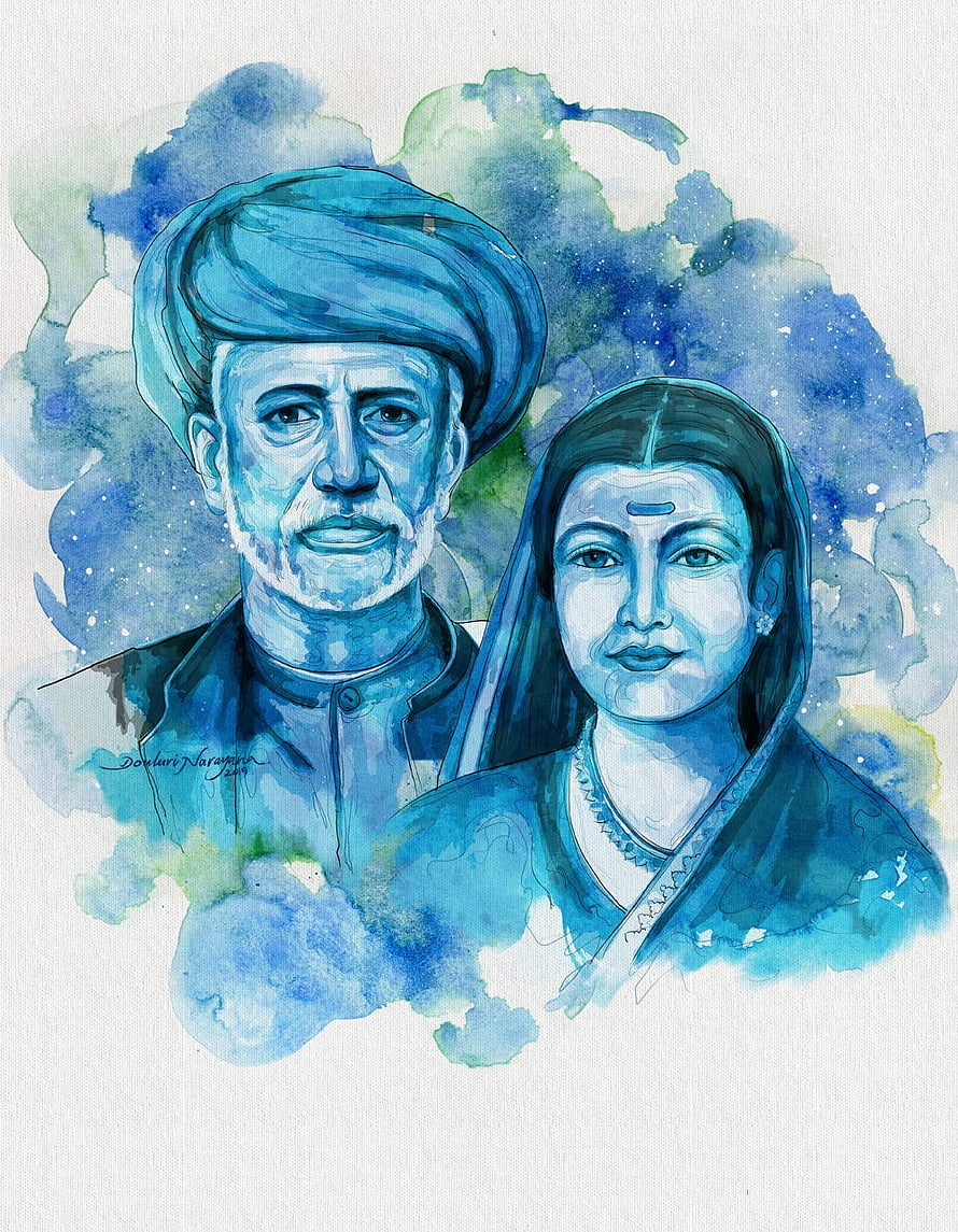 Watercolor Portrait of Jyotiba Phule and Savitribai Phule in Blue Tones HD phone wallpaper