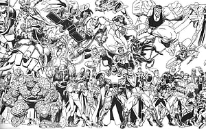 Marvel Comics Black and White Ensemble Illustration Featuring Classic Superhero Roster HD wallpaper